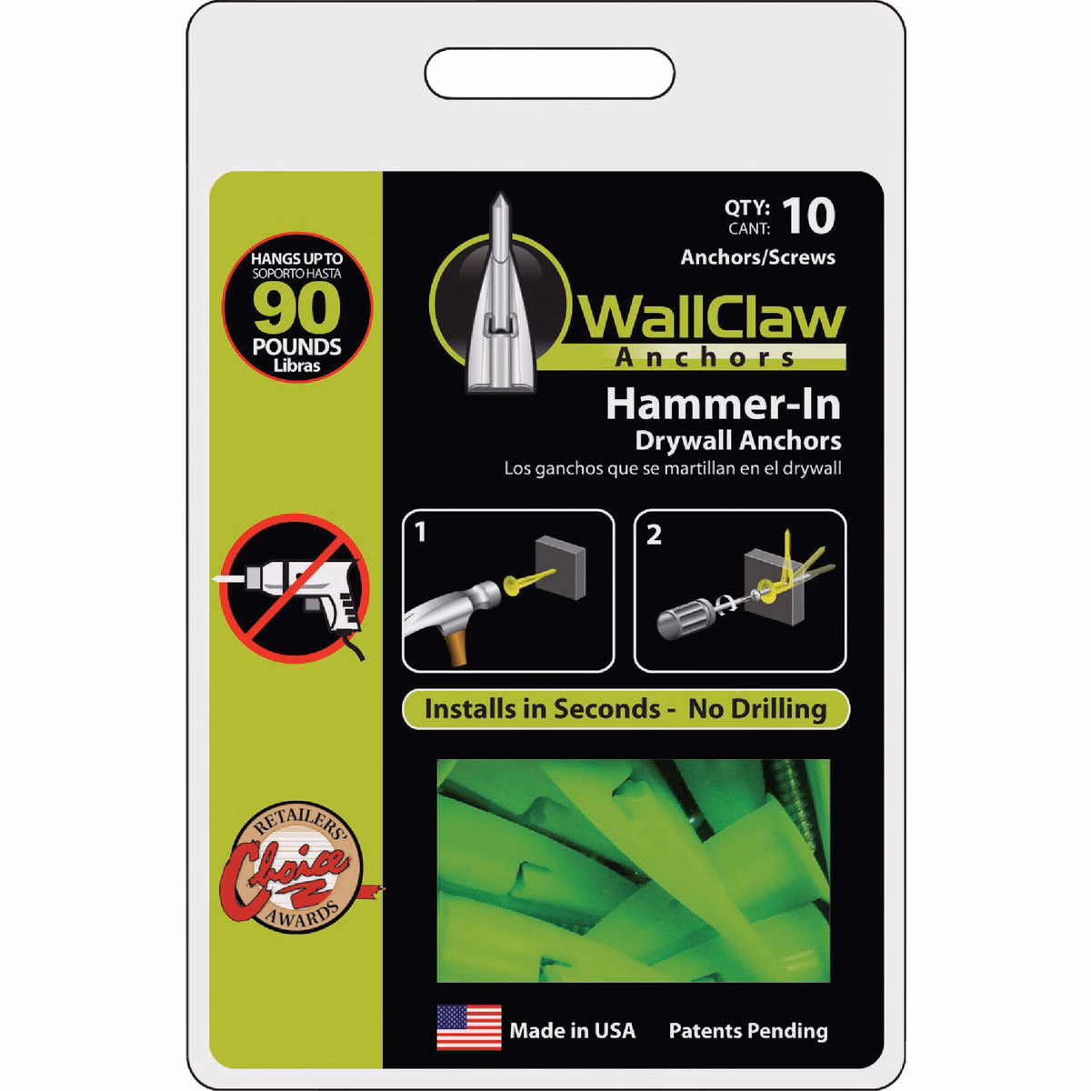 WallClaw Anchor #8 Thread x 1-1/4 In. Green Drywall Plastic Anchor (10-Count)