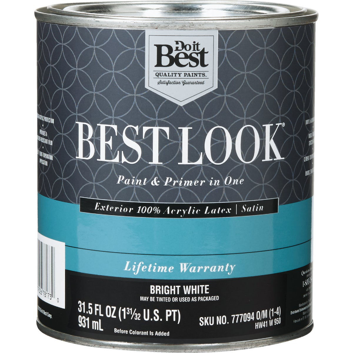 Best Look 100% Acrylic Latex Premium Paint & Primer In One Satin Exterior House Paint, Bright White, 1 Qt.