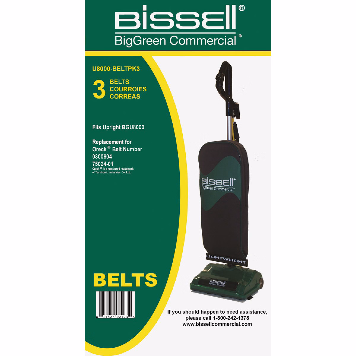 Bissell BigGreen Commercial U8000 Bissell Upright and Oreck Dual Stack Vacuum Cleaner Belt (3-Pack)