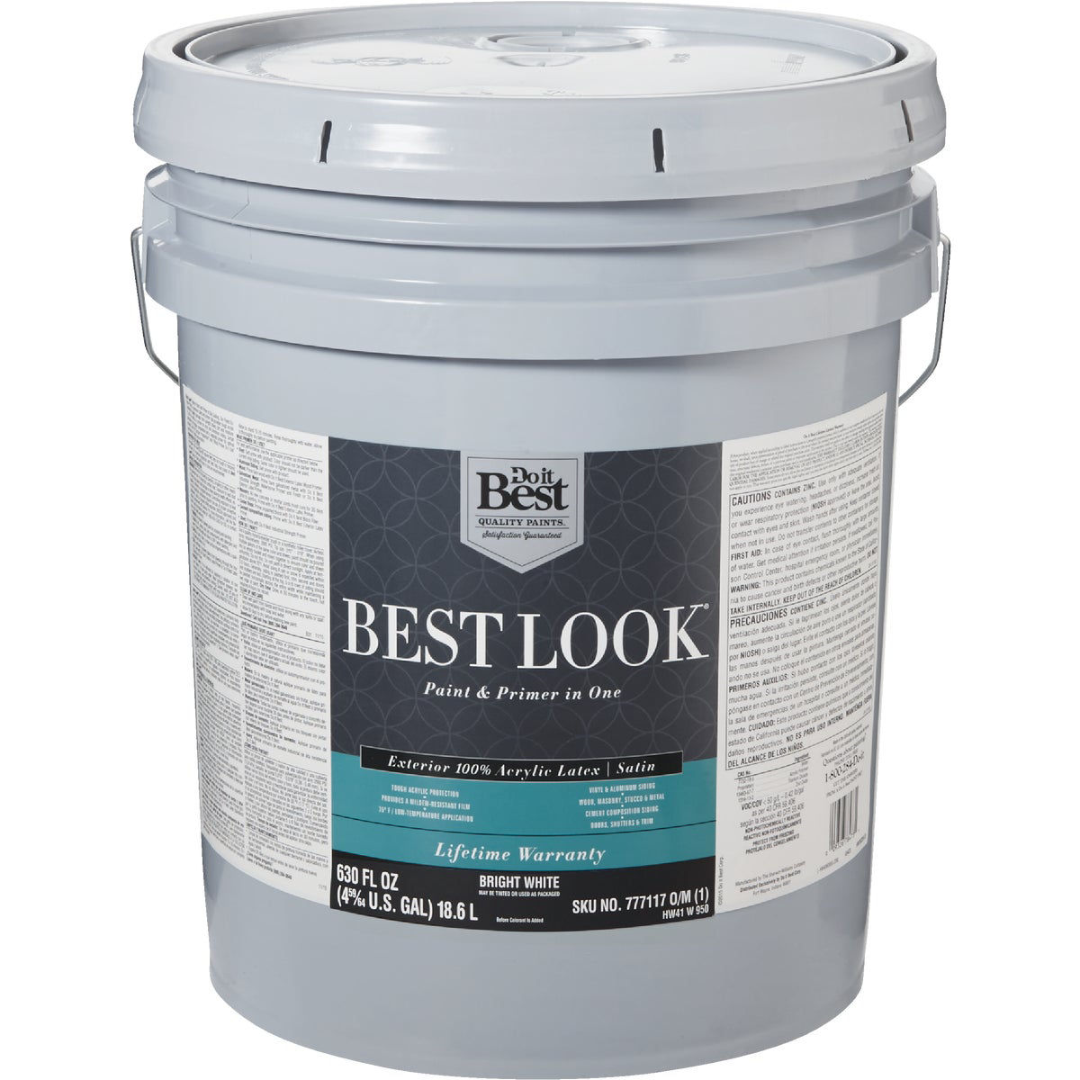 Best Look 100% Acrylic Latex Premium Paint & Primer In One Satin Exterior House Paint, Bright White, 5 Gal.