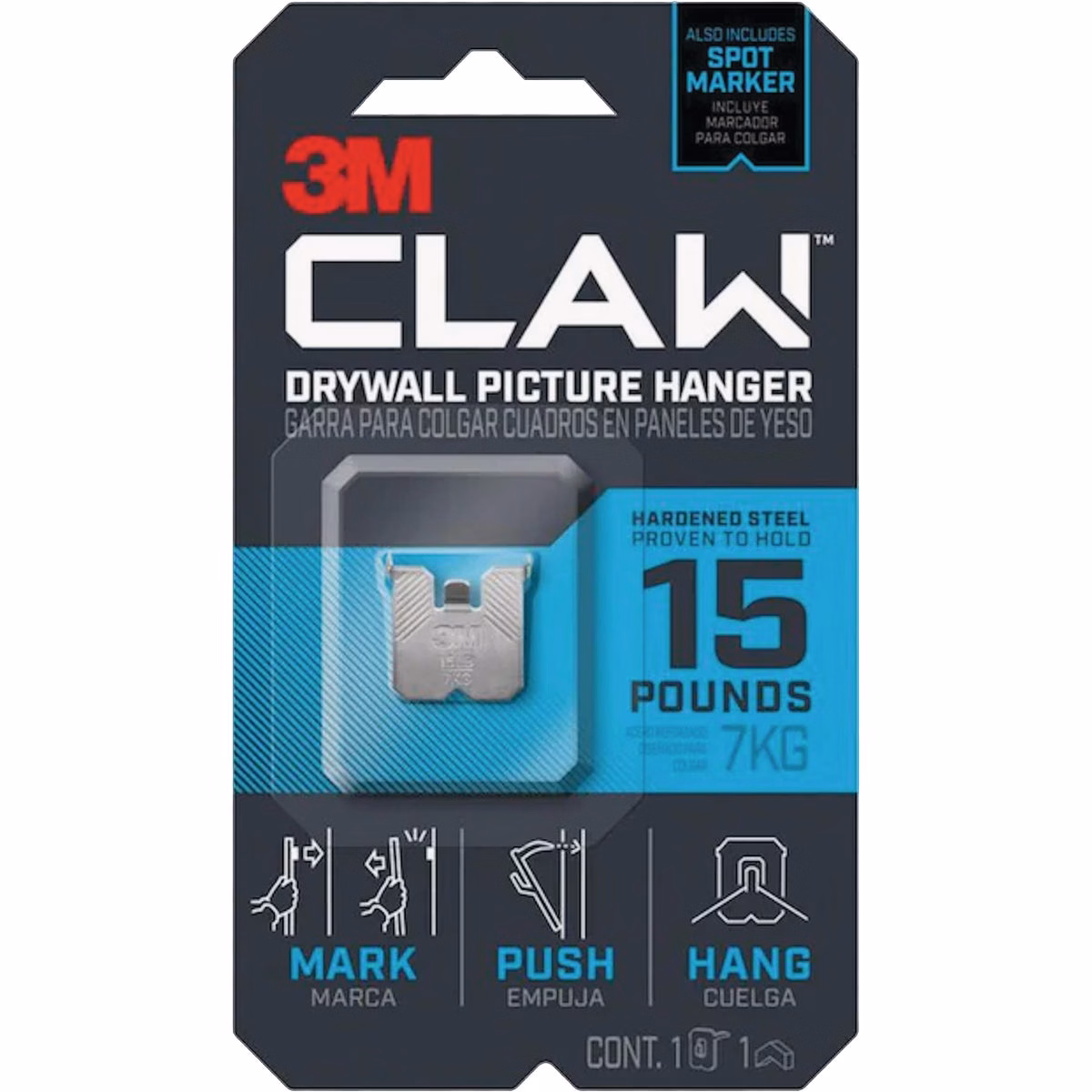 3M Claw Drywall Picture Hanger with Temporary Spot Marker, Holds 15 Lb., 1 Hanger, 1 Marker