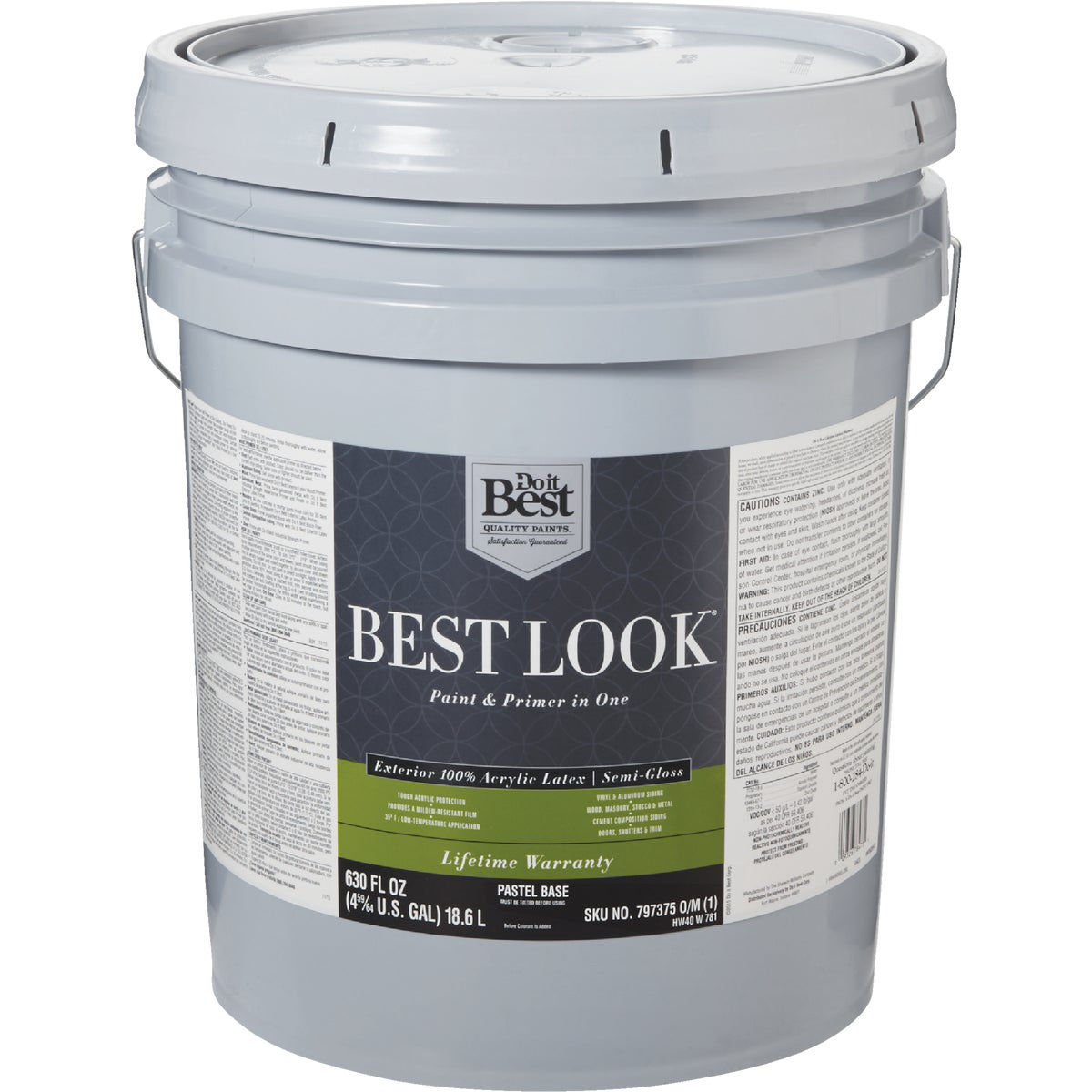 Best Look 100% Acrylic Latex Premium Paint & Primer In One Semi-Gloss Exterior House Paint, Pastel Base, 5 Gal.