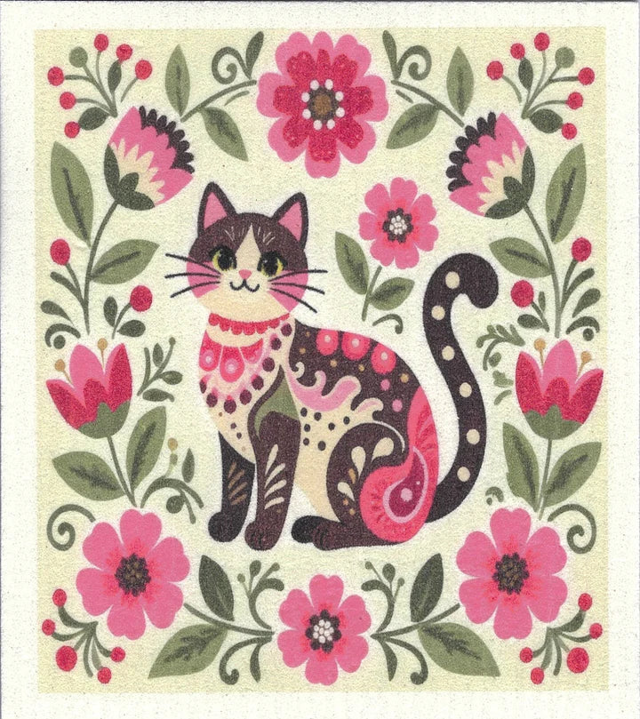 Cat & Flowers Dishcloth