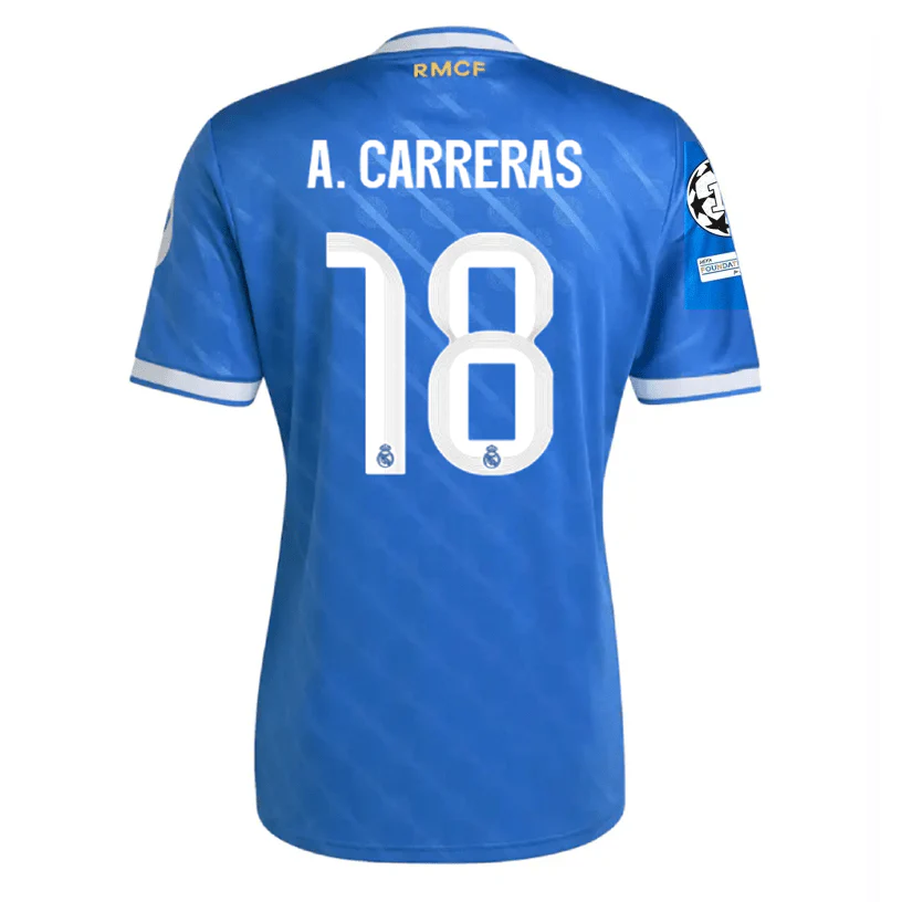 adidas A. Carreras Men’s Real Madrid Third Jersey 25/26 w/ Champions League Patches (Blue/White)
