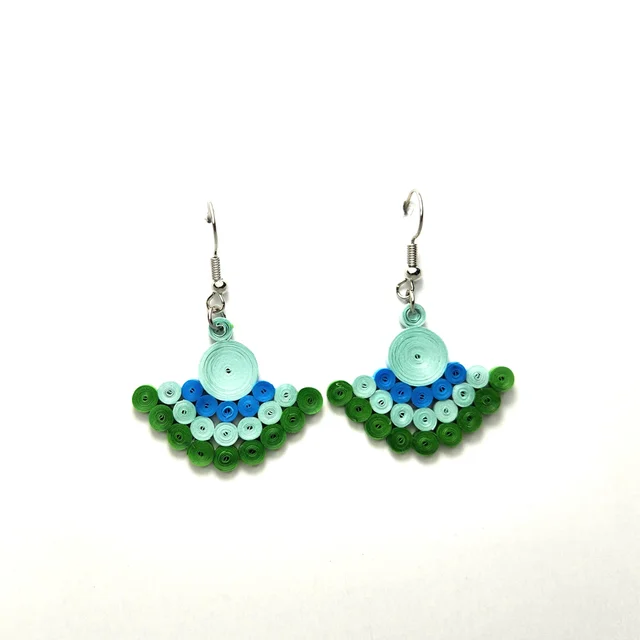 Blue Green Fan Earrings by Iconic Quilling